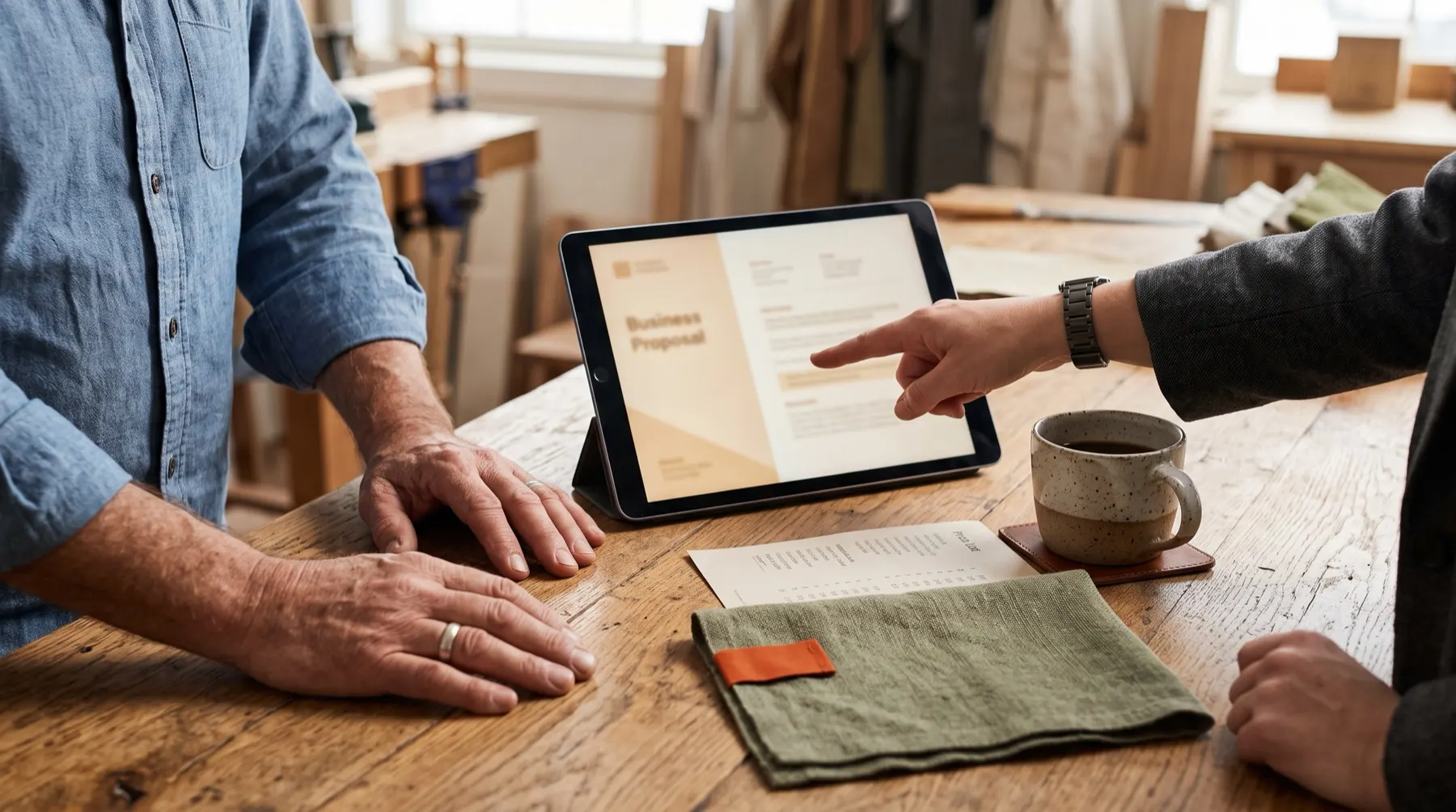 A furniture rep and store buyer working through a proposal at a wooden counter