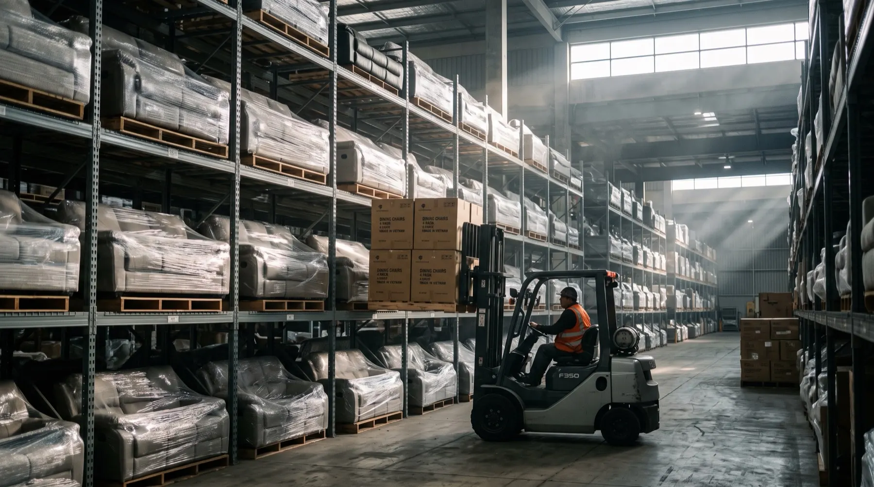 A forklift moving boxed furniture through a distribution center